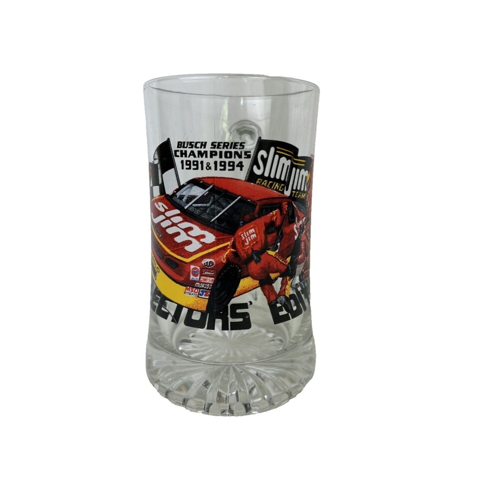 Vtg Slim Jim Racing Team Mug Busch Series Champions 1991 1994 NASCAR Glass